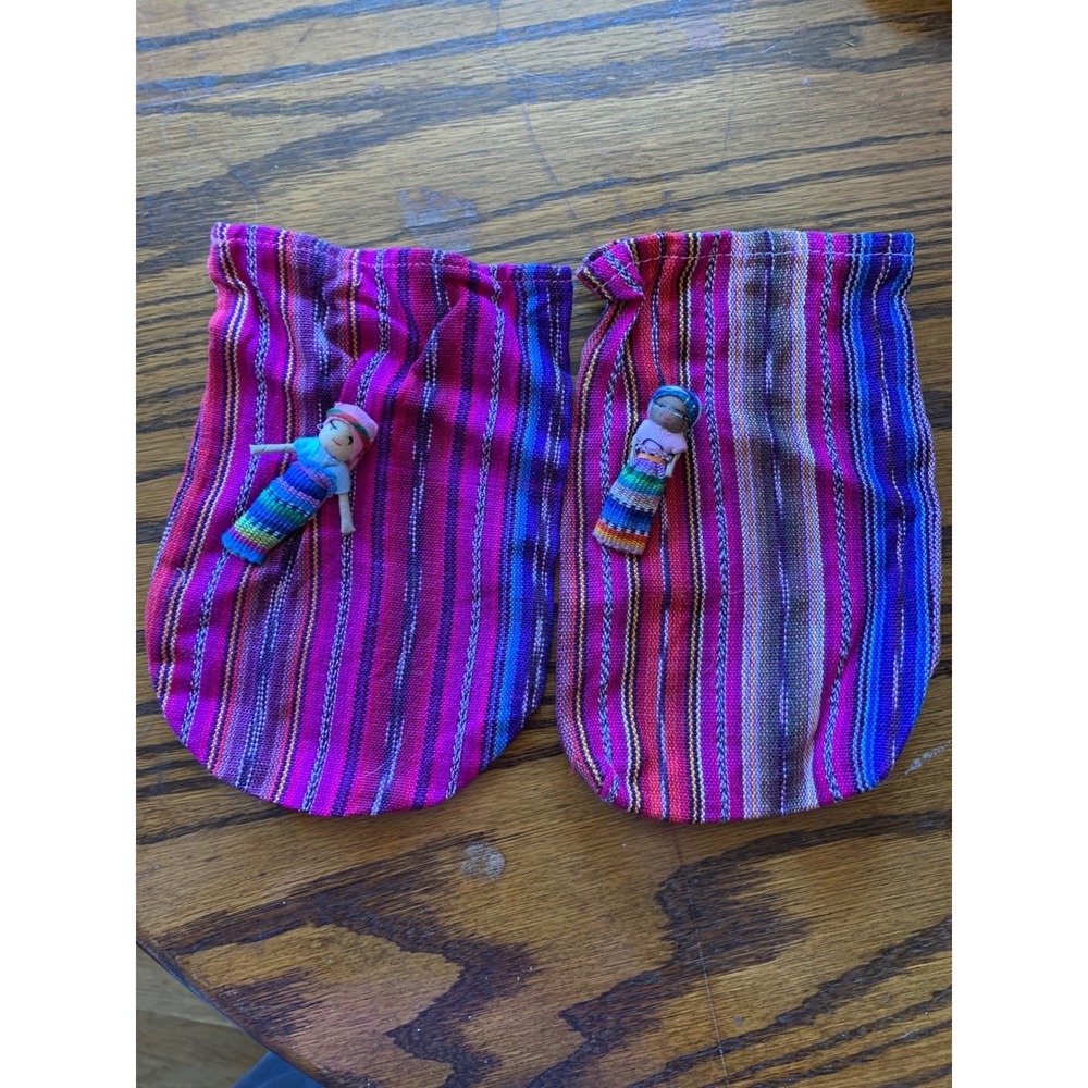 Guatemalan Worry Doll Pouch Set of Two Pink Purple Striped Handwoven Cotton Bags